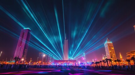 Dazzling nighttime laser show in urban cityscape with illuminated skyscrapers