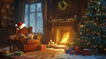 Obraz premium Room at Christmas night, empty home interior with fireplace, burning candles, decorated fir tree with gifts and presents and cozy armchair with santa hat decor. Xmas eve Cartoon vector illustration