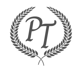 Initial letter P and T, PT monogram logo design with laurel wreath. Luxury calligraphy font.