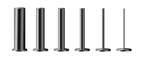 Metal billboard stands or advertisement poles. Vector isolated realistic set of glossy black bases of different diameters and thicknesses. Construction material for architecture, base or holders