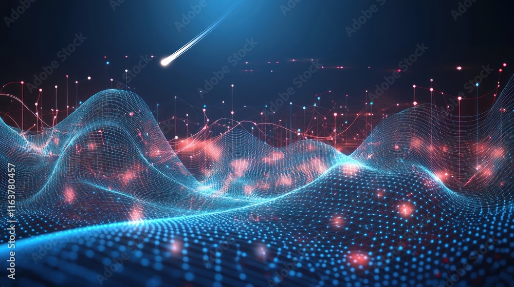 Aufkleber abstract digital landscape with glowing data points and a shooting star.