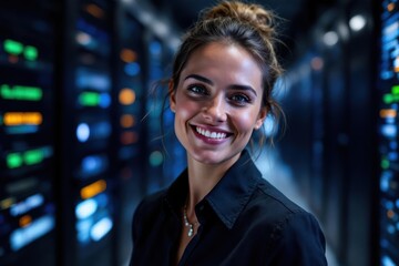  portrait of a smiling senior New Zealander female IT worker looking at the camera, against dark server room  background.