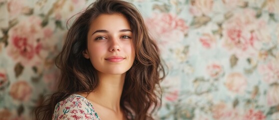 Young caucasian female smiling against floral background