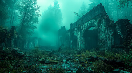 A haunting ruin, deep within a misty forest, a scene of decay and forgotten history