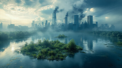 Naklejka premium A moody cityscape with fog, water, and damaged buildings, portraying a sense of urban decay and environmental change under an overcast sky, with a dramatic, atmospheric feel.