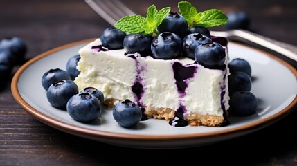 National Blueberry Cheesecake Day Creamy blueberry cheesecake with mint garnish on rustic plate