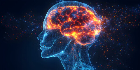 An artistic X-ray-style illustration of a human skull and brain highlighting a fracture. Ideal for medical campaigns, education, or health awareness.