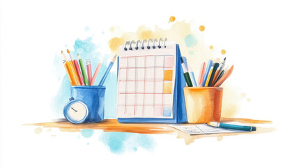 Revise Your Work Schedule Month Watercolor desk scene with calendar and colored pencils on white background