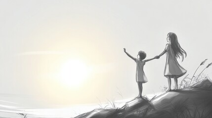 Fototapeta premium Counseling Awareness Month Sibling bond and freedom on a hilltop at sunrise