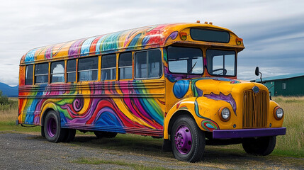 Love the Bus Month Vibrant retro bus with psychedelic art in countryside setting