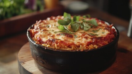 Delicious baked spaghetti with fresh basil topping in a rustic setting