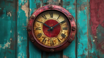 Vintage Round Clock on Weathered Teal and Red Wooden Background