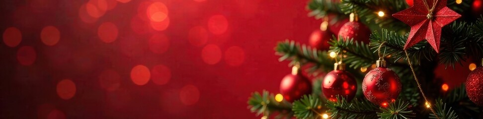 Fototapeta premium Classic Christmas tree, red background, wreath, lights, bokeh, copy space , card, design