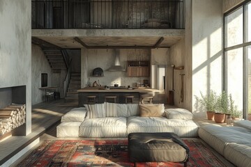 Modern minimalist loft home interior design urban setting living room and kitchen bright natural light contemporary style high fidelity aesthetics