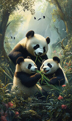Fototapeta premium An illustration of a panda in the dense forest, surrounded by trees and greenery, creating a serene and natural setting.