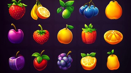 Fruit game icons for casino slot machine, gambling, lotteries or mobile puzzle ui elements. Plum, bananas or cherry, blueberry, pear and orange with lemon and strawberry bonus 3d vector cartoon set