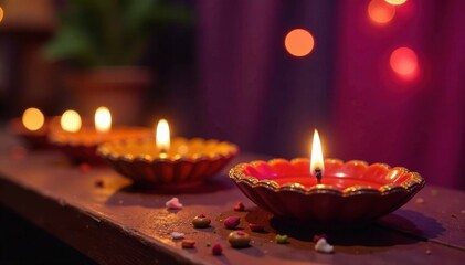 Obraz premium Colorful diyas and lamps on a table with Indian sweets, diyas lamps sweets puja rituals home decor festival decoration, autumn