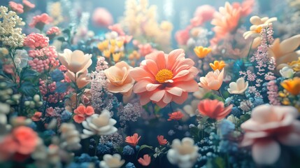 Vibrant floral field with blooming flowers in soft light.