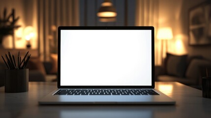 Modern laptop sits on desk, illuminated softly by ambient room l