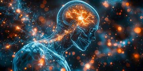 An artistic X-ray-style illustration of a human skull and brain highlighting a fracture. Ideal for medical campaigns, education, or health awareness.