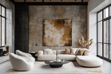 Modern living room interior design minimalist loft home high fidelity content warm neutral palette modern aesthetic cozy atmosphere