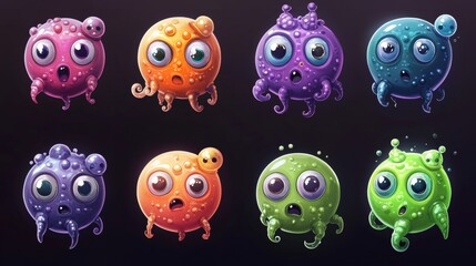 Fototapeta premium Fantasy alien planets for ui space game. Vector cartoon icons set of magic fantastic world, cosmic objects different colors with bubbles, holes and spirals. Cute planets and moons collection