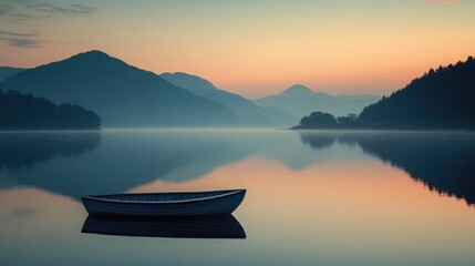 Serene sunrise over calm lake with single rowboat.