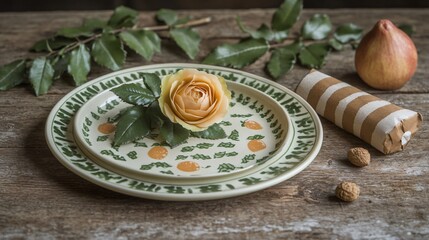 Rustic Table Setting with Peach Rose and Ceramic Plates