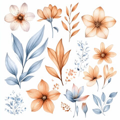 Watercolor vector set of pastel leaves and flowers