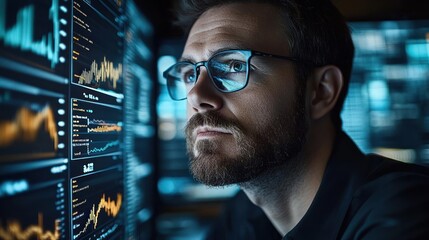 Focused man analyzing data on multiple screens.