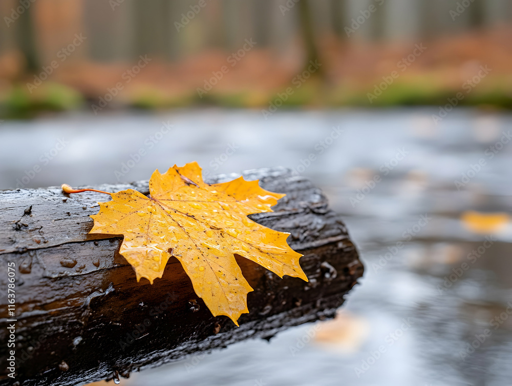 Poster yellow maple leaf on wet log by forest stream.