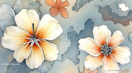 Abstract floral watercolor painting featuring large, delicate flowers with soft petals in shades of cream, orange, and yellow