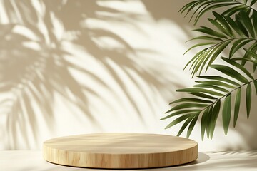 A round wooden podium against a beige wall with a palm leaf shadow, a mockup template for the display of cosmetic products, in a minimalistic style, with soft lighting and a clean background