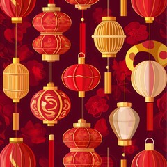 Chinese New Year Lanterns Seamless Pattern: A festive and vibrant pattern featuring traditional Chinese lanterns in red, gold, and white, set against a backdrop of crimson blossoms.