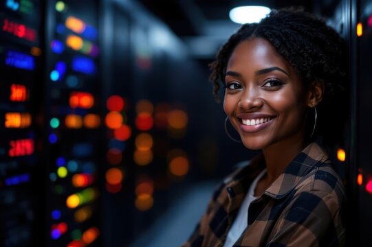  portrait of a smiling senior Saint Lucian female IT worker looking at the camera, against dark server room  background.