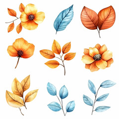 Watercolor vector set of pastel leaves and flowers