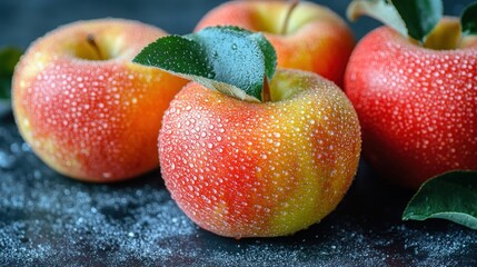 Four red apples with water droplets on dark background.