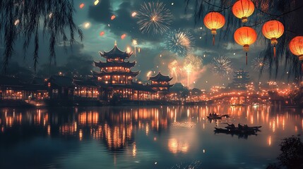 Serene Lakeside Chinese Temple Surrounded by Lanterns and Reflecting Water