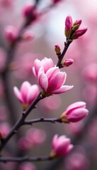 Fototapeta premium Delicate pink petals unfolding on bare branches in spring, blossoms, spring