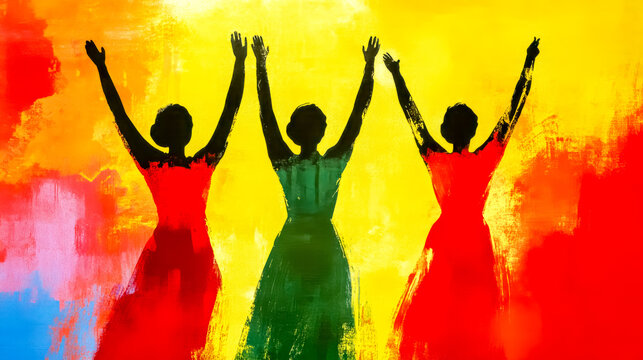 Gospel singers raising hands in colorful praise and worship