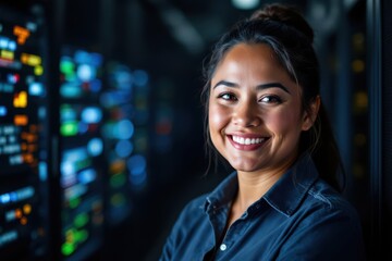 Obraz premium portrait of a smiling senior Samoan female IT worker looking at the camera, against dark server room background.
