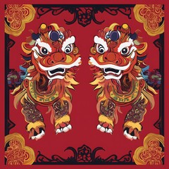 Naklejka premium Chinese New Year Lion Dance: A vibrant and auspicious illustration of two red lions, their intricate details and symbolic gestures, set against a backdrop of traditional Chinese patterns.