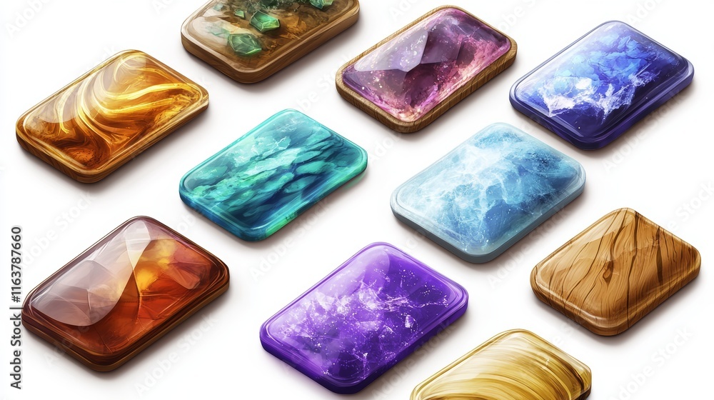 Poster rectangle buttons with golden, wooden and water textures for ui game design. vector cartoon set of g