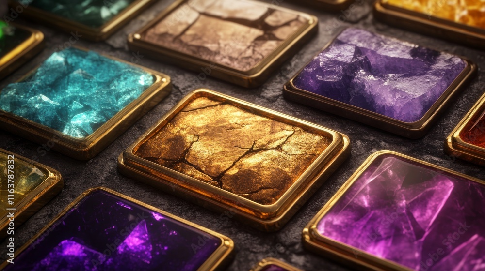Poster rectangle buttons with golden, wooden and water textures for ui game design. vector cartoon set of g