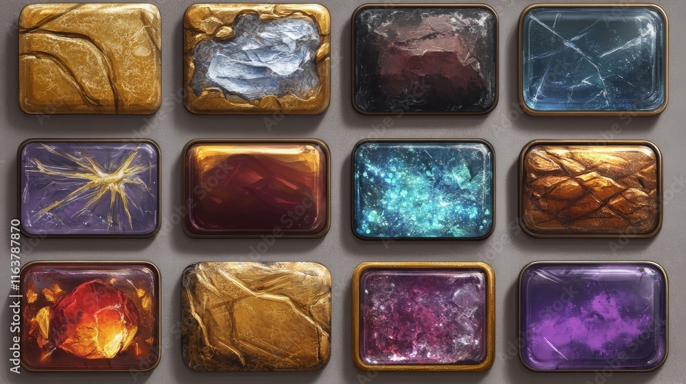 Poster rectangle buttons with golden, wooden and water textures for ui game design. vector cartoon set of g