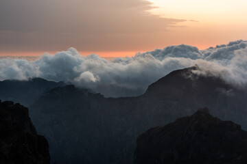 Dramatic sunset in scenic mountains in Madeira Island, Portugal.