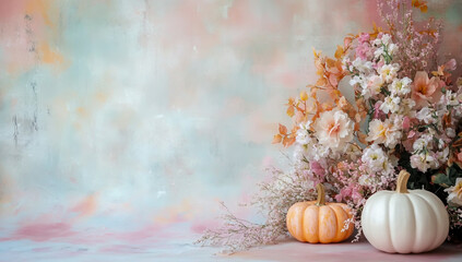 A soft pastel background with delicate flowers and pumpkins, creates an elegant fall atmosphere