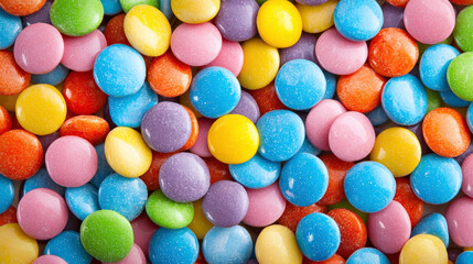 Obraz premium Colorful Round Candy Background with Blue, Pink, Yellow, Green, and Orange Sweets on Surface for Fun and Playful Designs and Illustrations