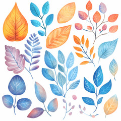 Watercolor vector set of pastel leaves and flowers