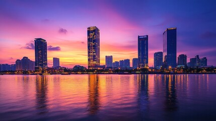 Fototapeta premium Vibrant sunset cityscape reflected in calm water.